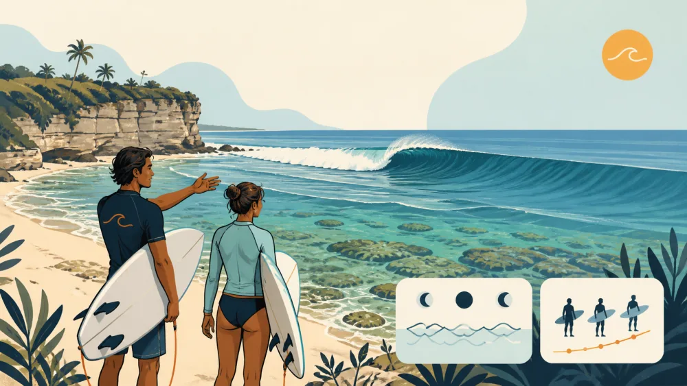Local surf coach and student checking waves at Balangan Beach, Bali