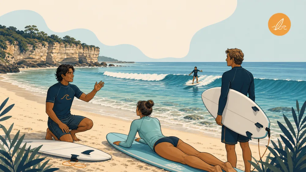 Local coach giving a first surf lesson and safety briefing at Balangan Beach