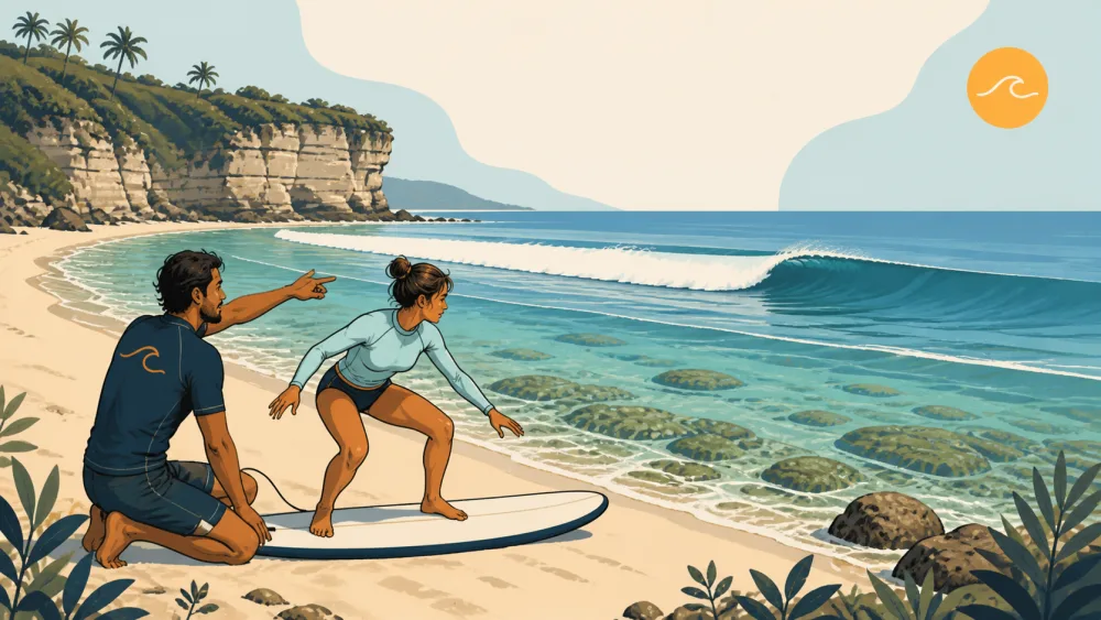 Beginner practising a pop-up with a local surf coach at Balangan Beach